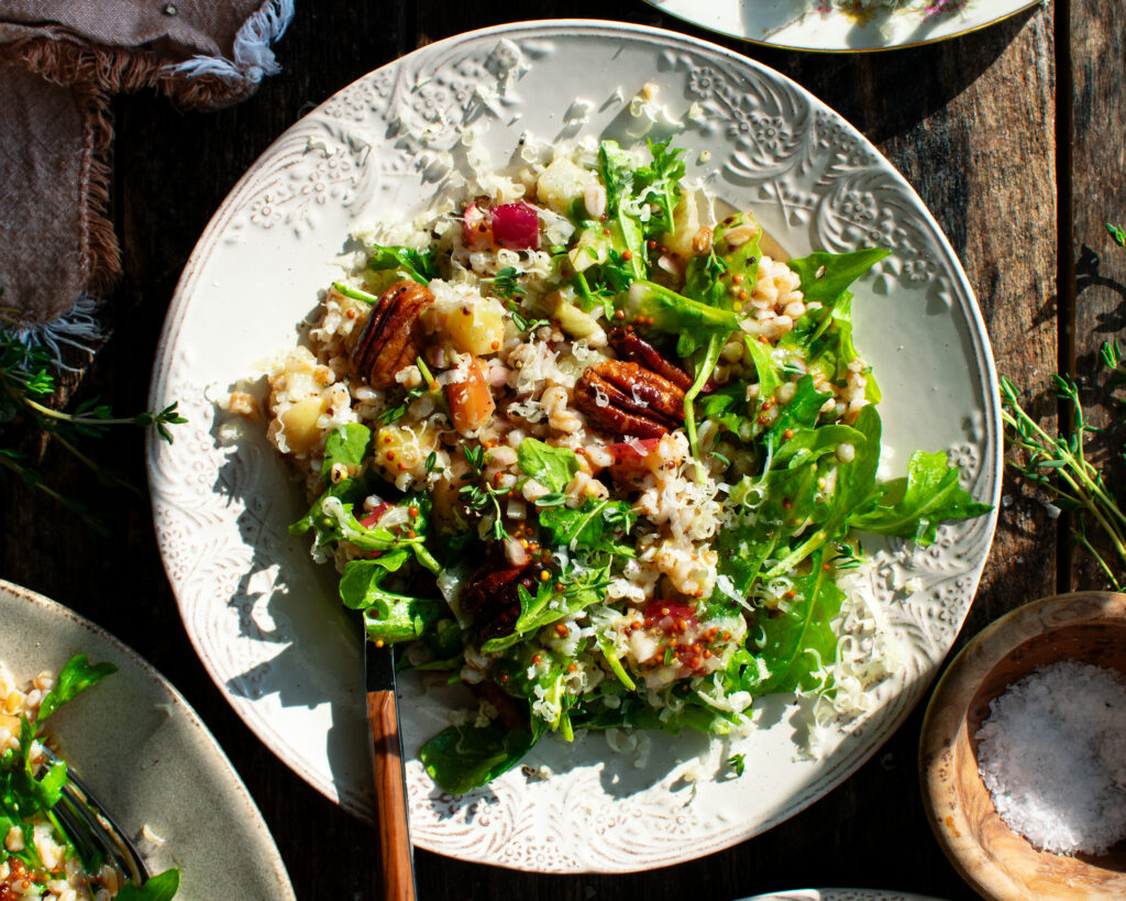 a plate of roasted apple farro salad